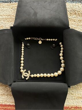CHANEL 100 Years Anniversary Faux Pearl Necklace with Gold CC Pendant